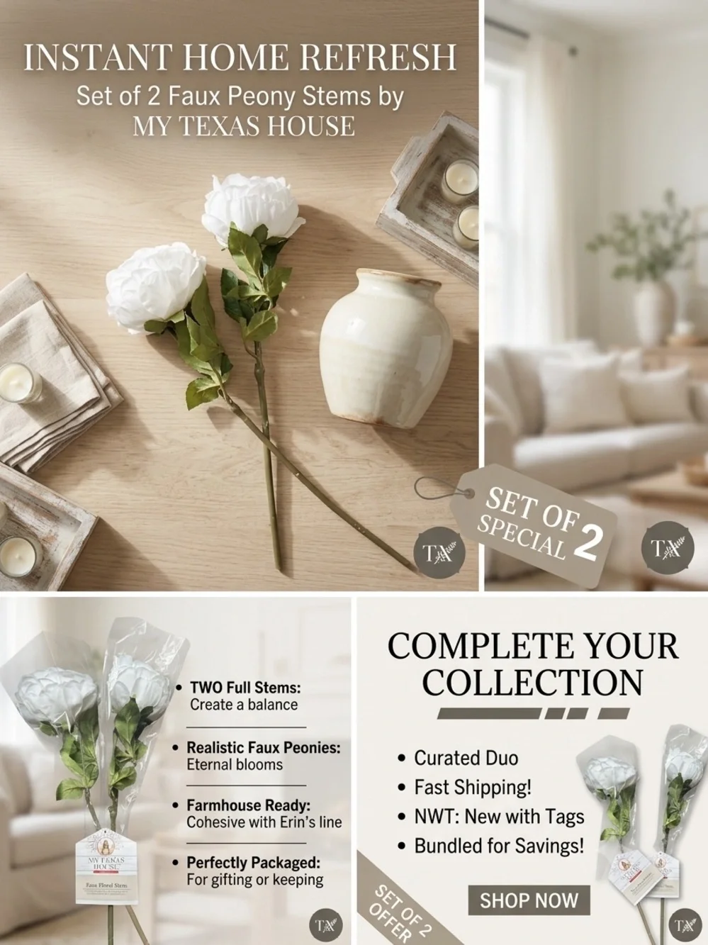 My Texas House White Faux Peony Stems - Set of 2
